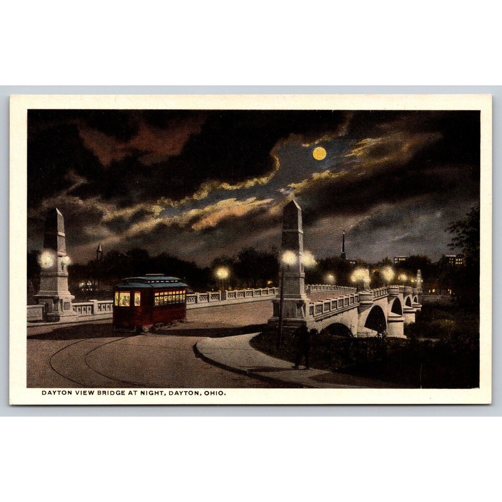 Postcard Ohio Dayton View Bridge at Night Full Moon Trolley Car c1920s OH VTG